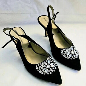 Adrienne Vittadini  Fine Leather Rinestone Black Suede Back Buckle Heel Shoe sz7